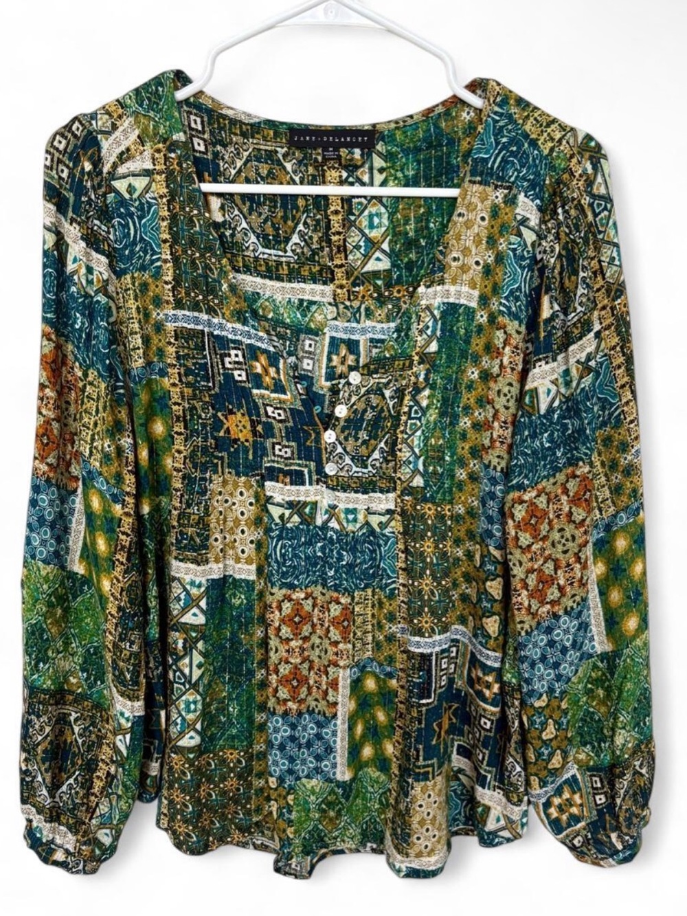 Jane + Delancey Button Front Boho Patchwork Blouse Medium Balloon Sleeve Shimmer